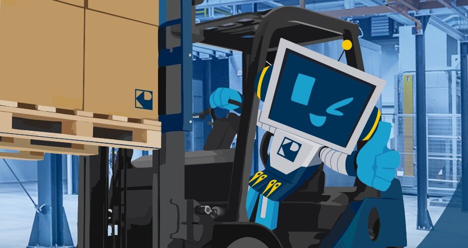 Roboter-Maskottchen KURT unterwegs auf einem Gabelstapler