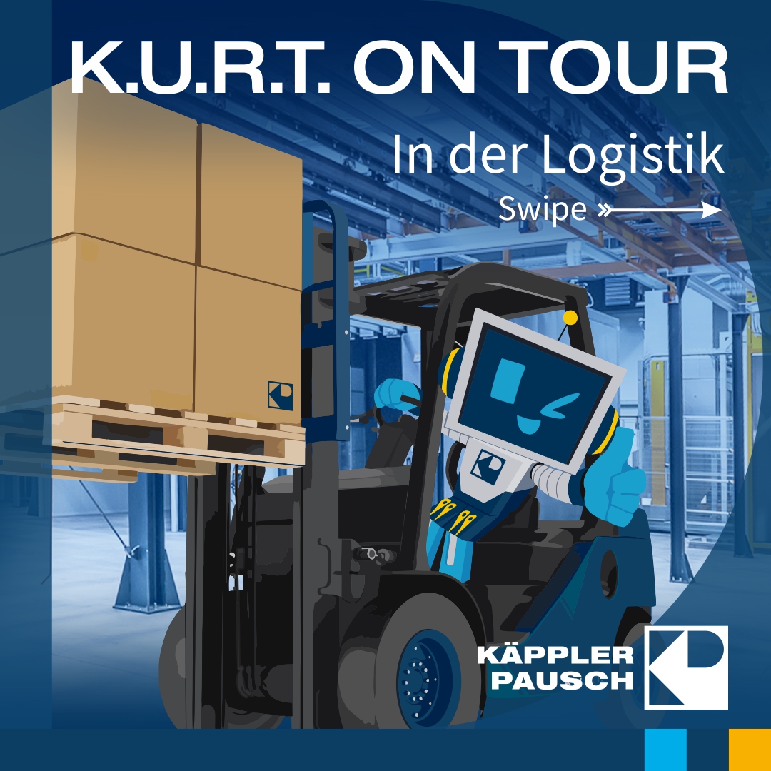 Roboter-Maskottchen K.U.R.T. als Staplerfahrer in der Logistik